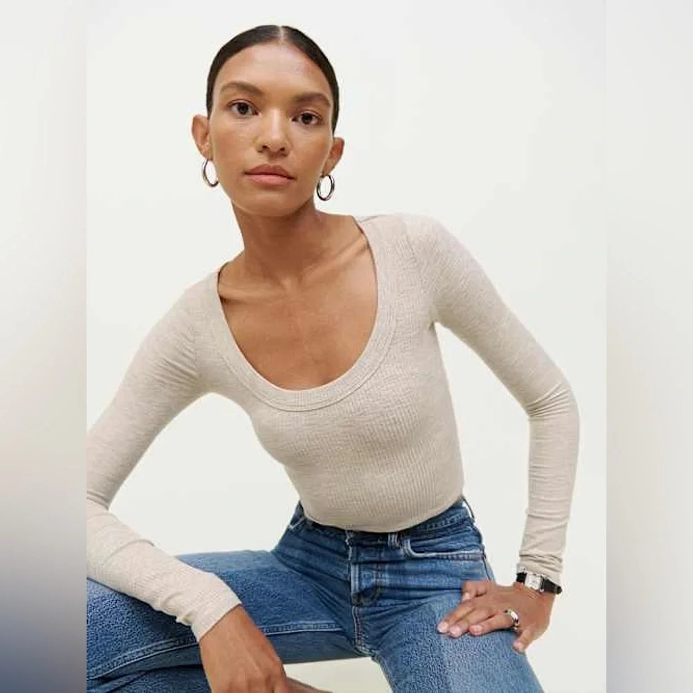 Reformation Paige Marble Gray Scoop Neck Ribbed Crop Top Long Sleeve Tee EUC S